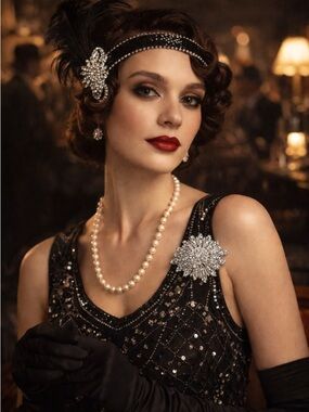 Art Deco Style Rhinestone Brooch Crystal Floral Statement Pin Silver tone